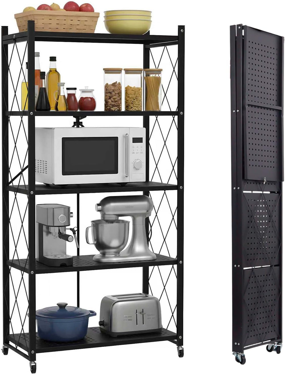 5 Tier Foldable Storage Shelf with Wheels, Heavy-Duty Metal Shelving Unit, No...