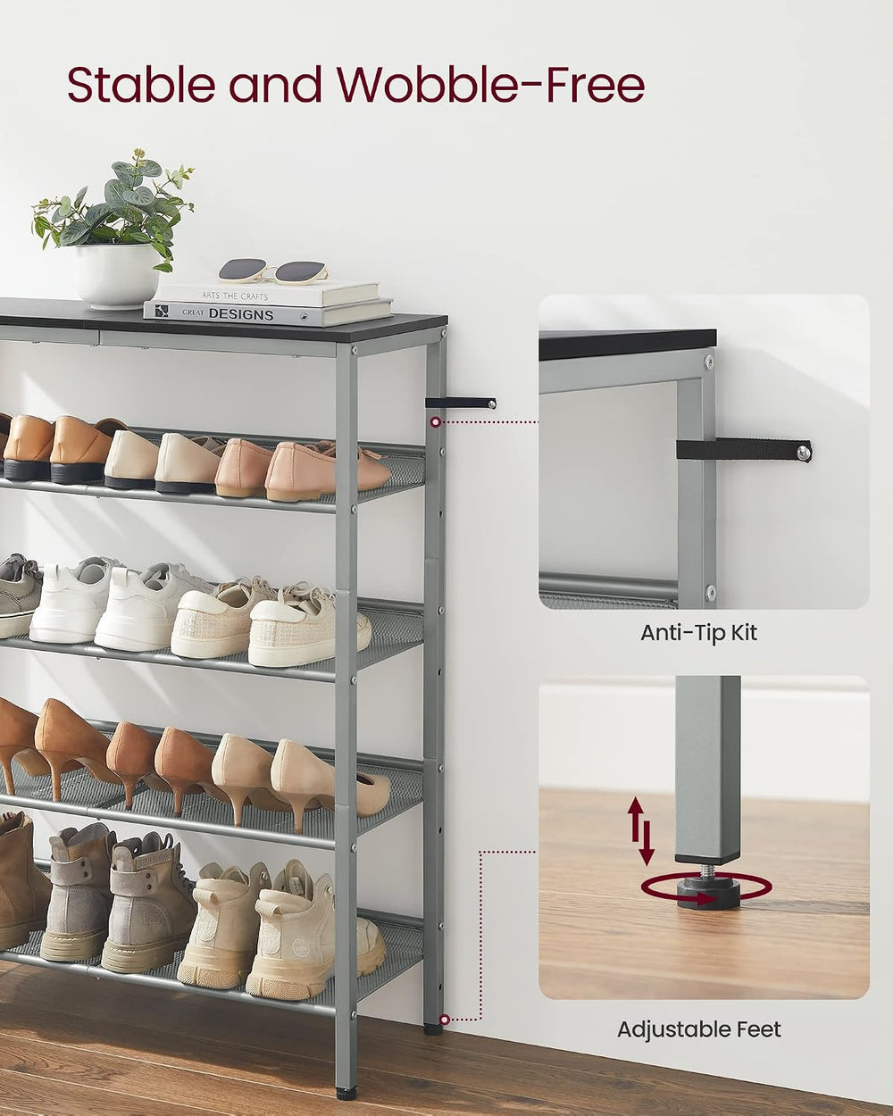 VASAGLE 5-Tier Shoe Rack, Adjustable, Freestanding