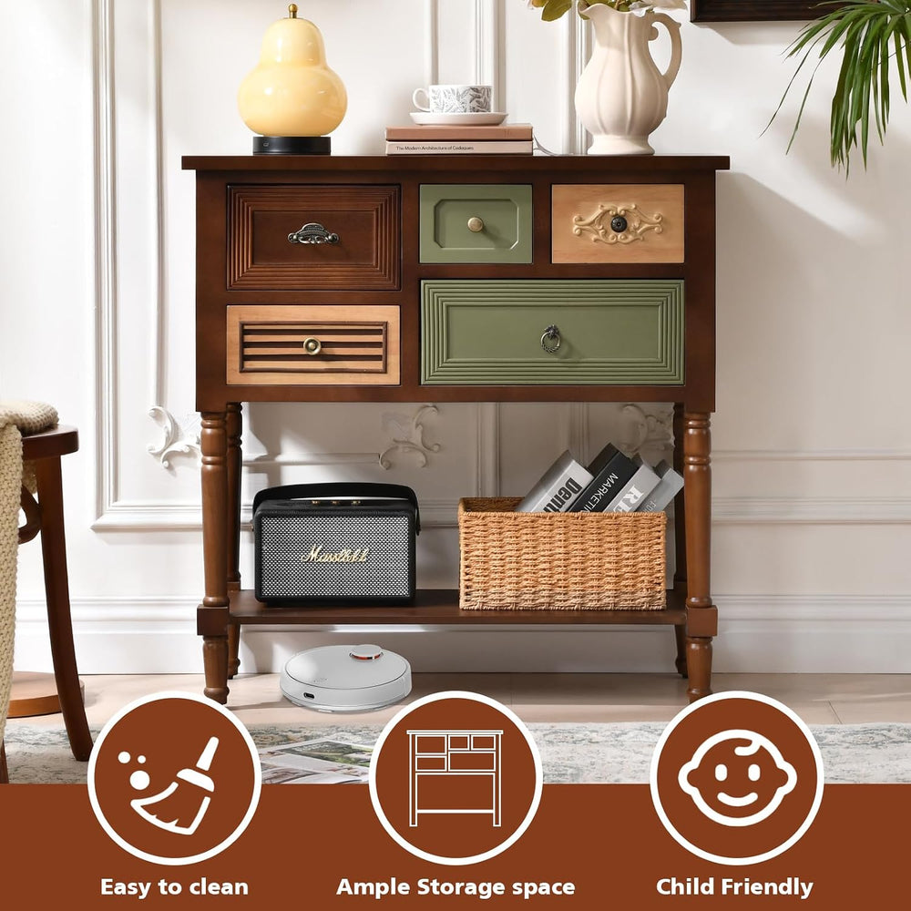 Ahokua Vintage Accent Cabinet with 5 Drawers and Open Shelf, Multi-Tone Conso...
