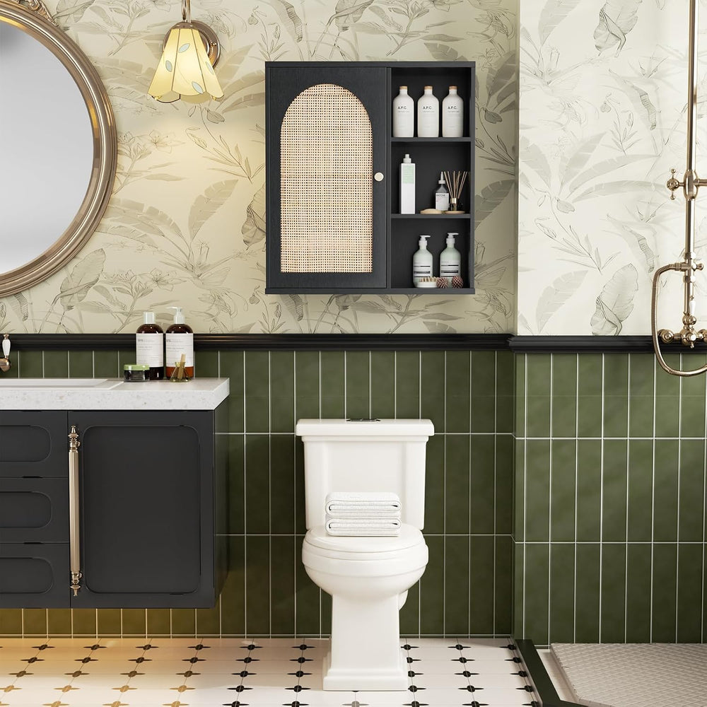 Rattan Bathroom Wall Cabinet, Boho Medicine Wall Cabinets with Door and Adjus...