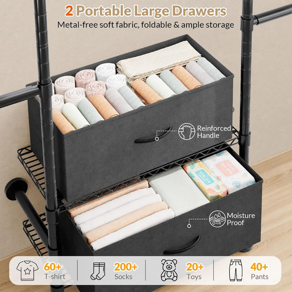 Wall Mounted Clothes Rack with 2 Drawers, 3 Row Expandable Closet