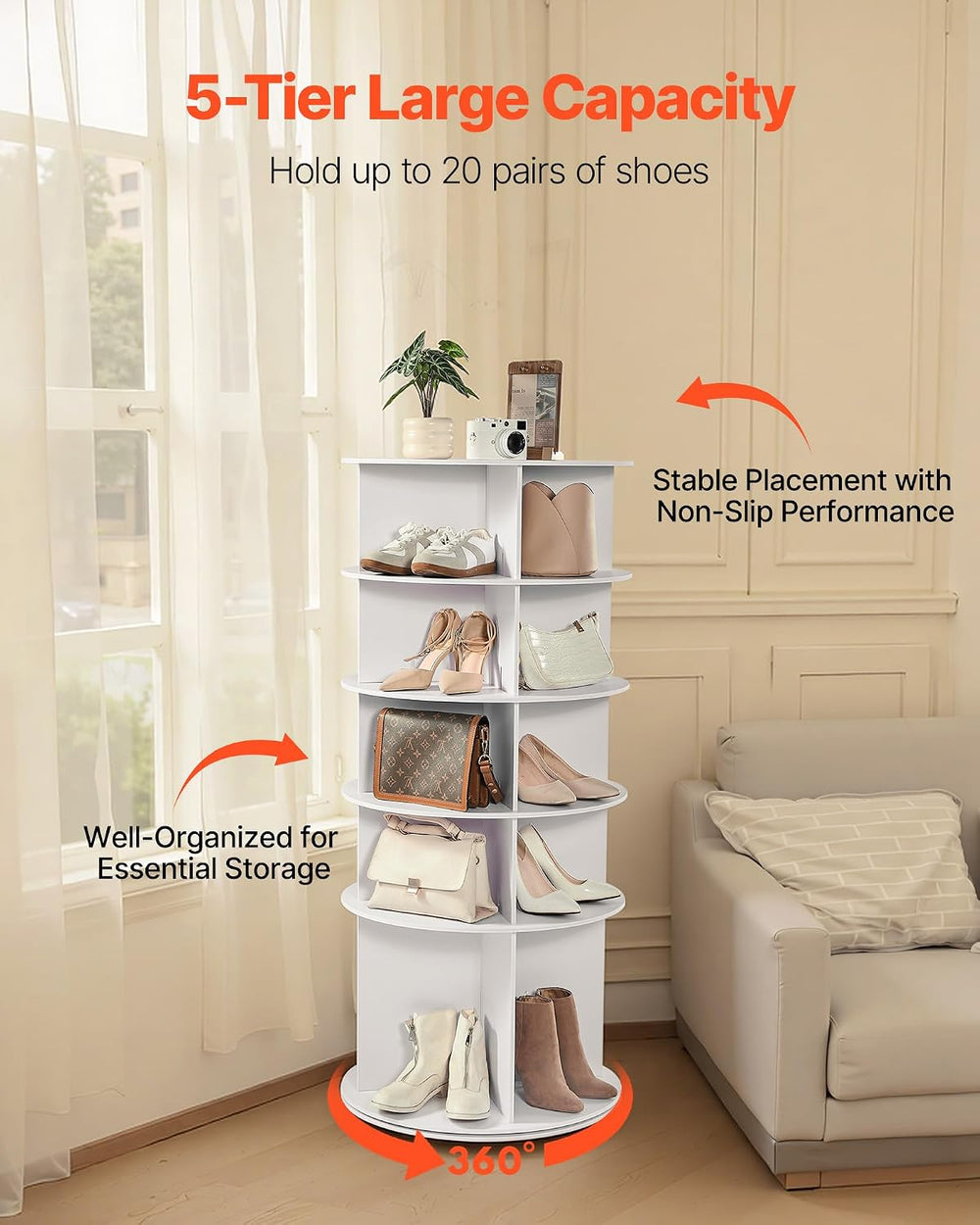 VEVOR 5 Tiers Rotating Shoe Rack Tower, 360° Spinning Shoe Rack, Revolving St...