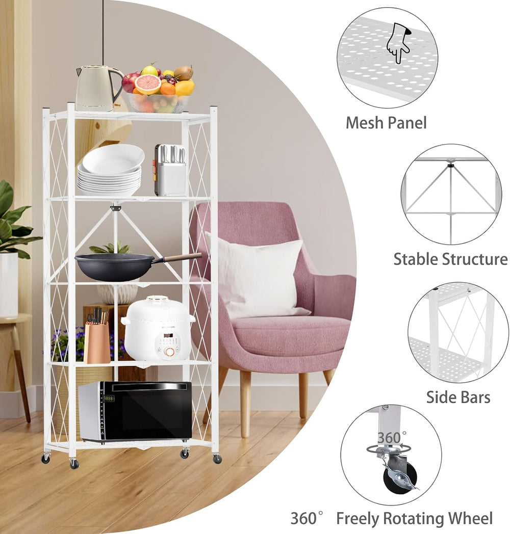 5-Tier Folding Shelf with Wheels No Assembly Portable Shelves