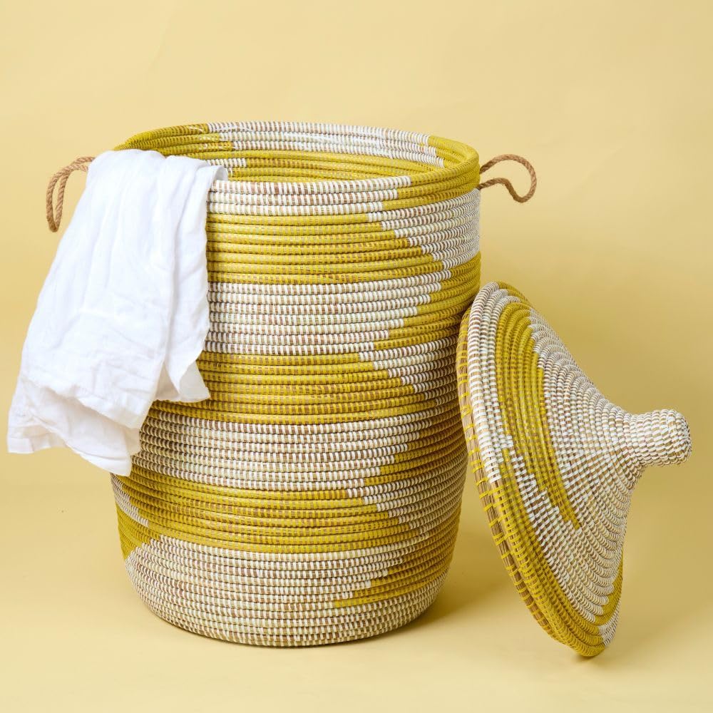 Large Woven Storage Basket, Yellow and White Senegal Wicker Basket for Towels...
