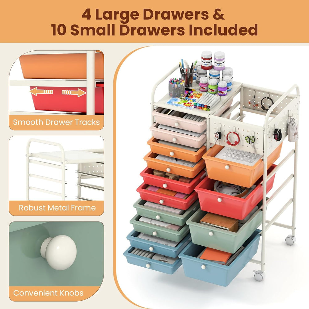 Giantex 14 Drawer Storage Cart, Rolling Craft Cart with Metal Tabletop & ...