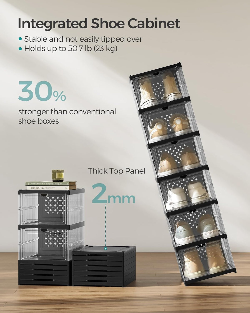 SONGMICS Foldable Shoe Boxes, 6-Tier for 12 Pack, Fit up to US size 13