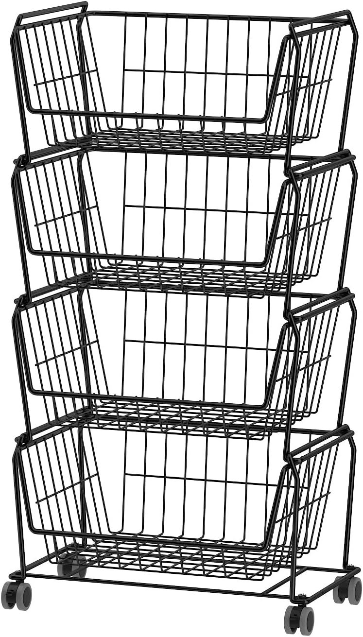 PUSDON 4-Tier Spacious Stackable Wire Storage Baskets with Wheels, Metal Roll...