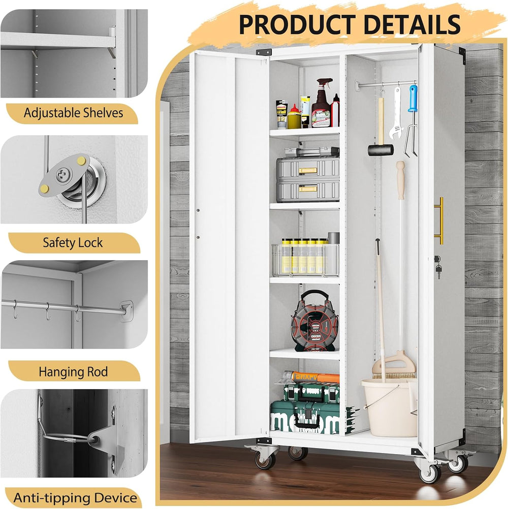 pozdeg 71" Rolling Lockable Metal Broom Closet Storage Cabinet, Grey White