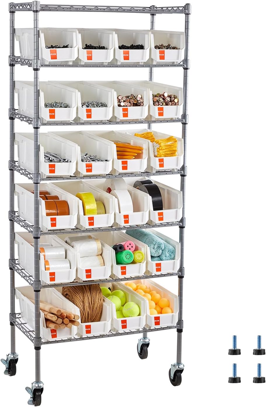 VEVOR 7-Tier Rolling Bin Storage Rack, 24 Small Bins, Bin Rack Storage Steel ...