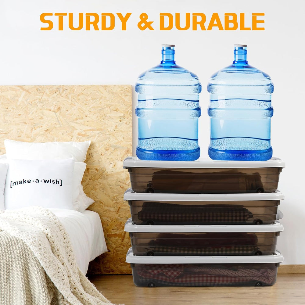 Beeveer 4 Plastic Under Bed Storage Containers, 23.7 x 15.8 x 5.2, Brown