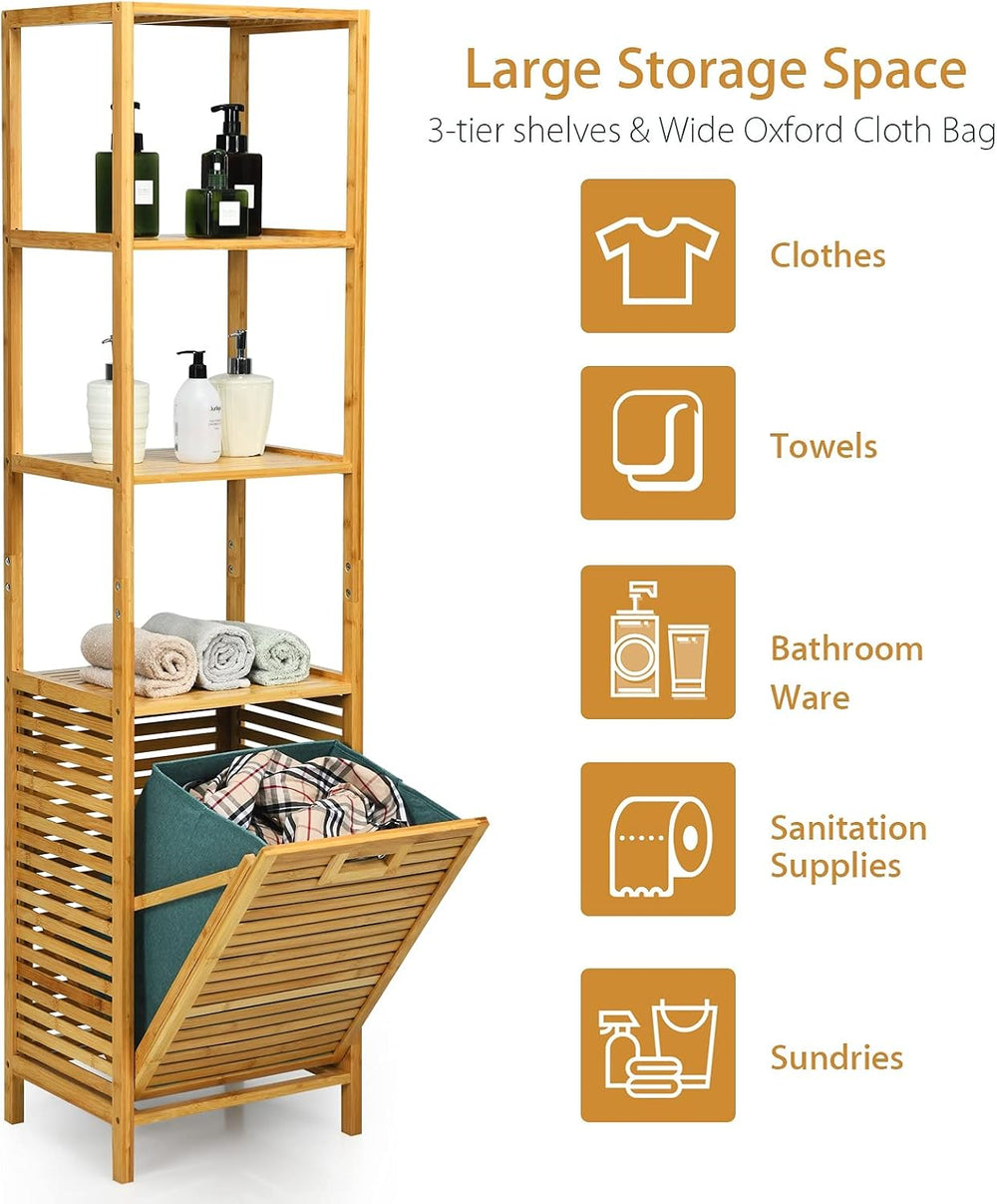 4 Tier Bamboo Shelves with Tilt Out Laundry Hamper, Freestanding Storage Shel...