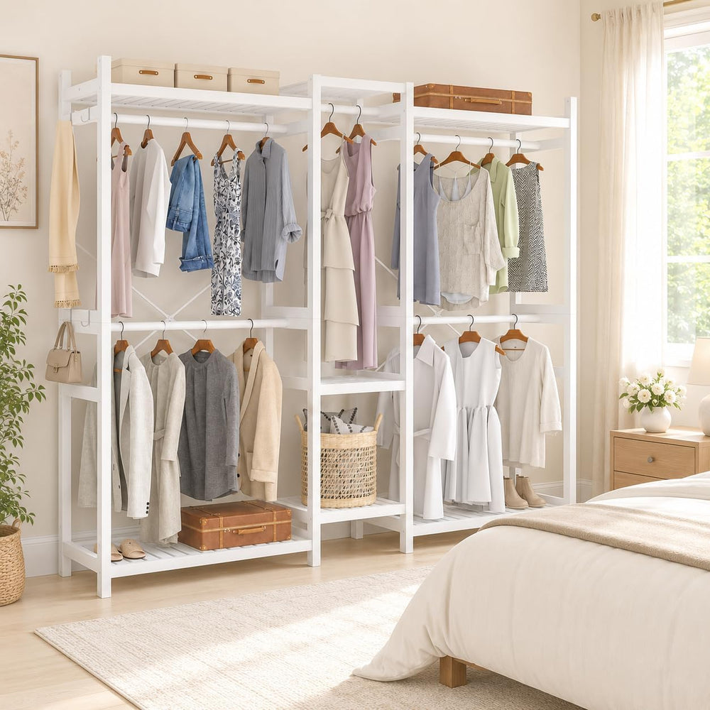 Homykic Bamboo Clothing Rack with Shelves, 70” Wide Closet System, 78.8”H