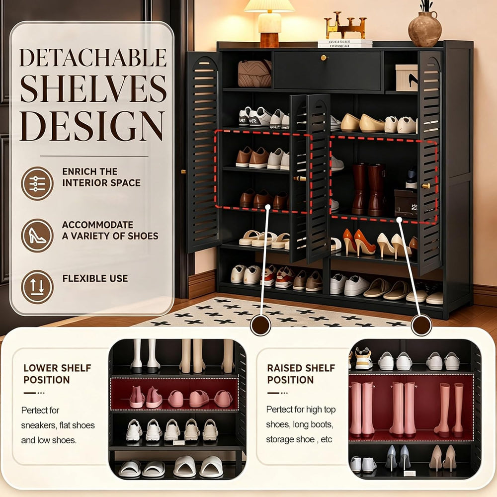 Bamboo 7-Tier Shoe Cabinet with Louvered Doors, Large Capacity Shoe Storage O...