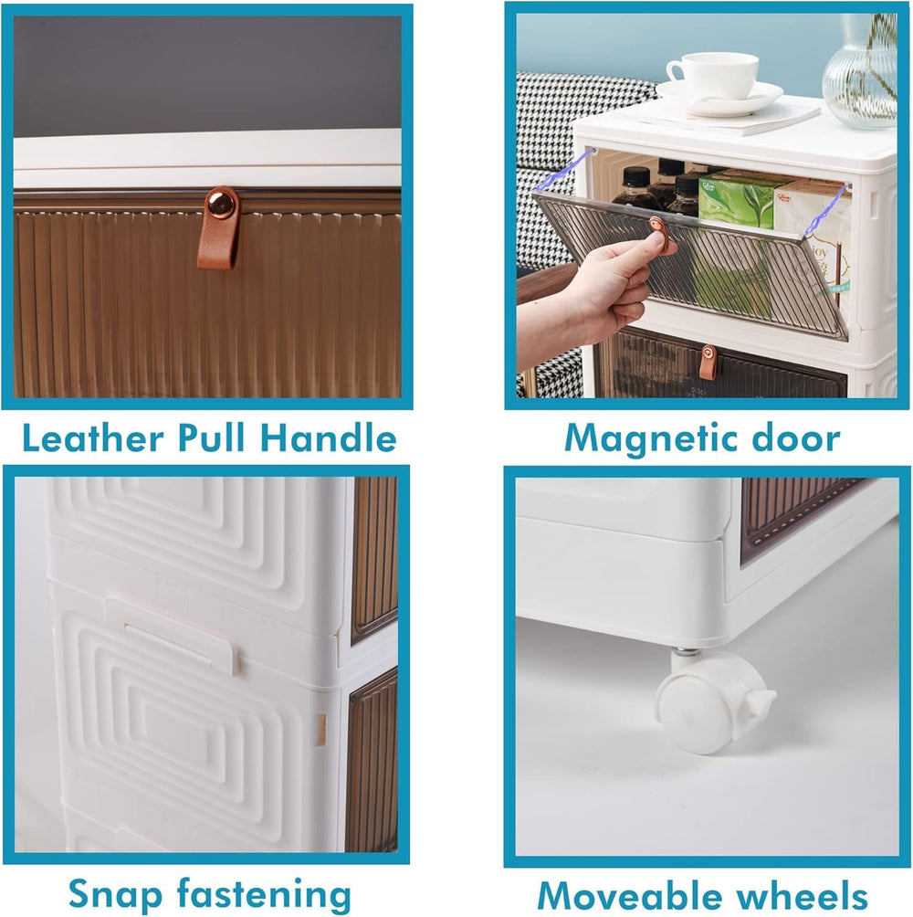 4-Tier Foldable Plastic Drawer Storage with Wheels,Stackable Storage Bins wit...