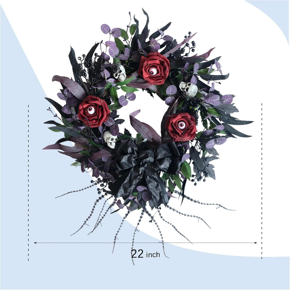 22 Inch Halloween Wreath with Black Roses Skeleton and Eye Balls for Front Do...