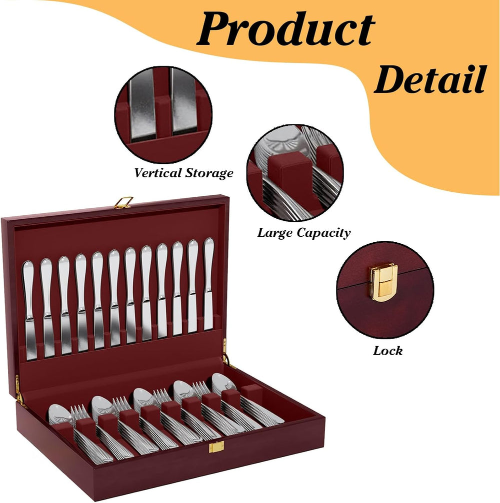 Wooden Silverware Storage Box With Lid, Cutlery Case With Handle & Felt L...