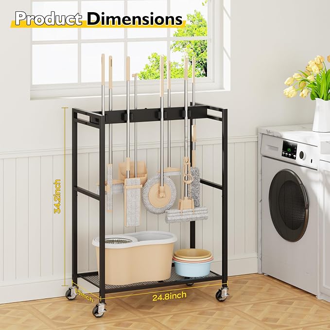 BORISI Broom And Mop Holder, Movable Broom Closet Storage Cabinet, Cleaning Cart