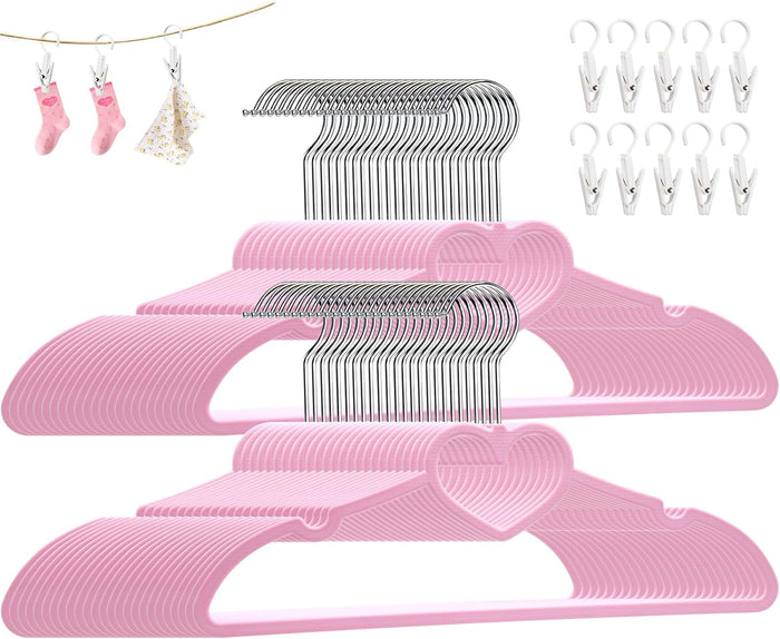 Plastic Hangers 80 Pack, Pink Clothes Hanger with 10 Clips- Ultra Thin Space Saving with 360 Degree Swivel Hook -Strong Adult for Dress,Shirt,Coats