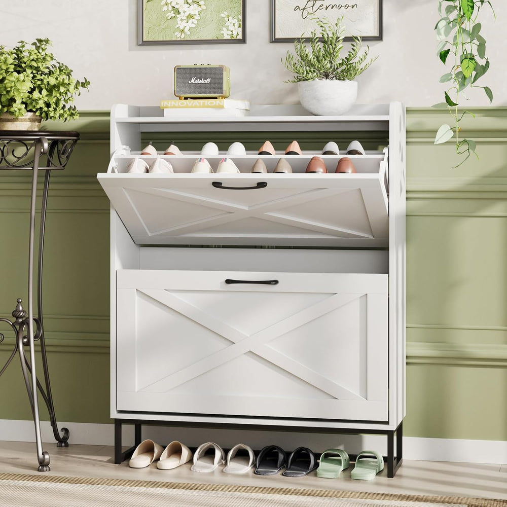 Maupvit Shoe Cabinet with 2 Flip Drawers, Freestanding Shoe Cabinet Organizer...