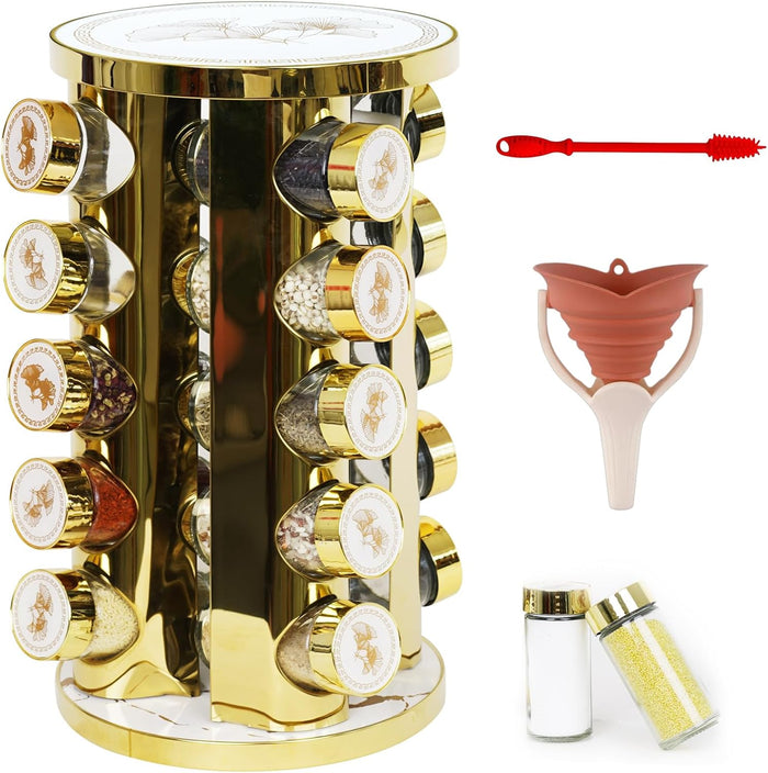 360-Rotating Kitchen countertop Stainless Steel Spice Rack, Apricot Leaf Appearance Pattern, Equipped with 20 Food Grade Glass cans (Gold + White, Five Floors of 20 Spice cans)