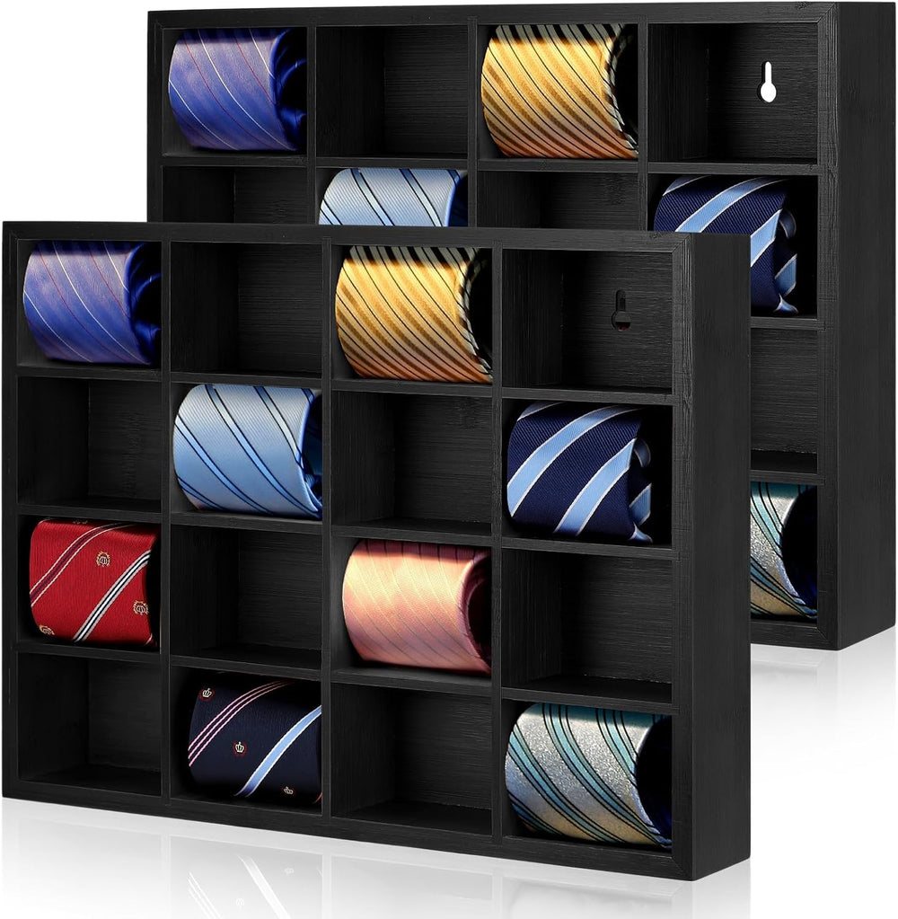 Wesiti 2 Pcs Tie Box Organizer for Men, Wall Mounted Tie Rack, Black
