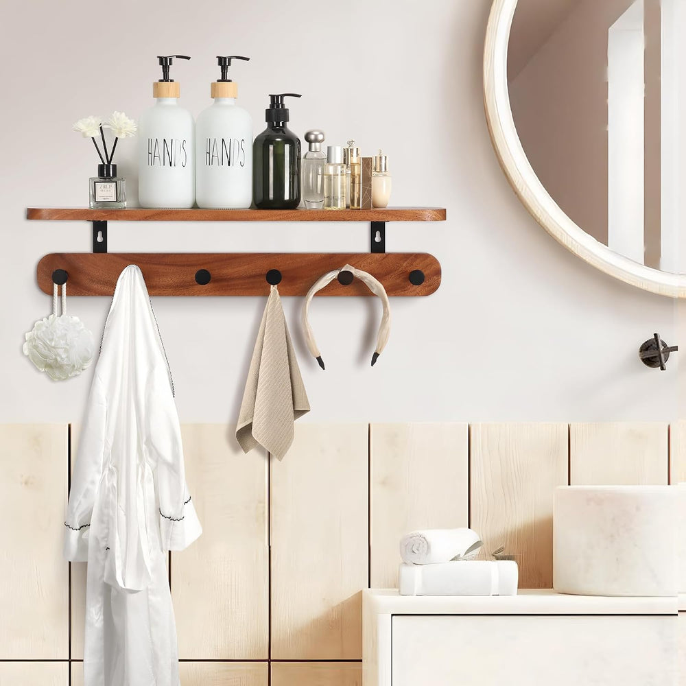 Coat Rack Wall Mount with Shelf, 22" Walnut Wood Wall Shelf with Hooks, ...
