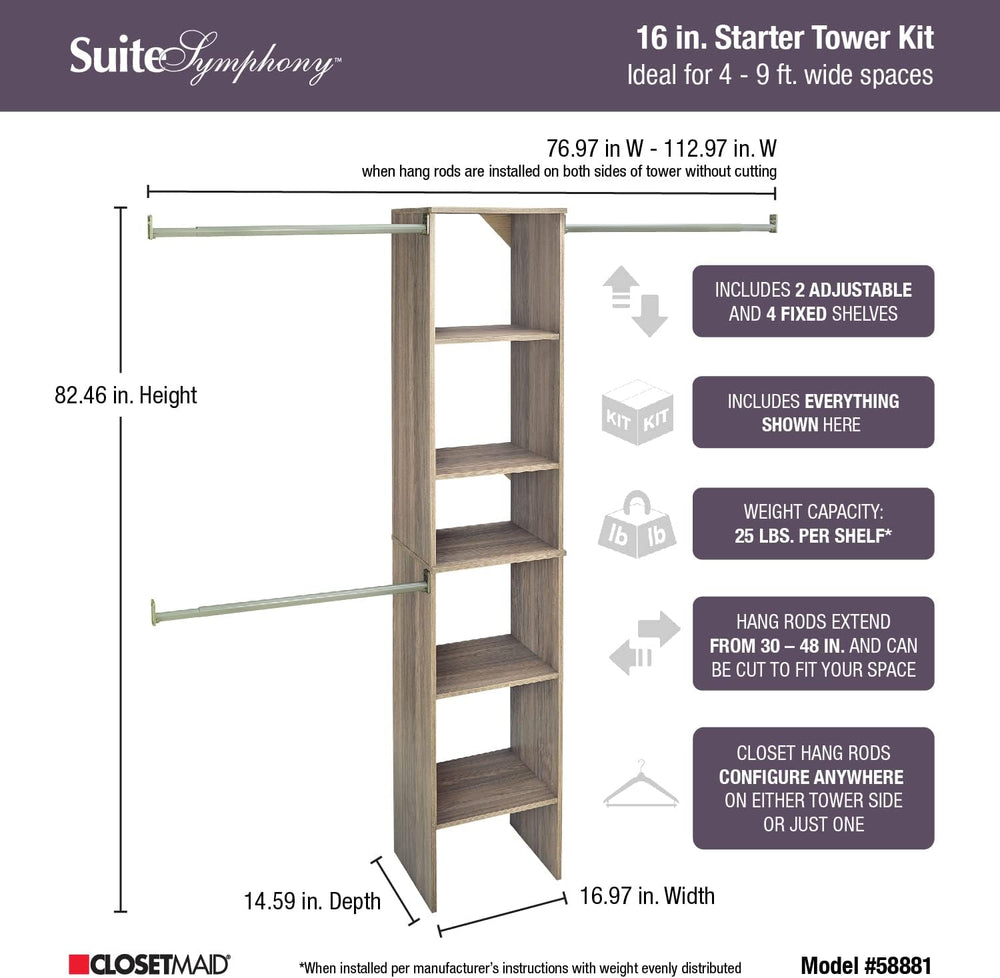 ClosetMaid SuiteSymphony Wood Closet Organizer Starter Kit with Tower and 3 H...