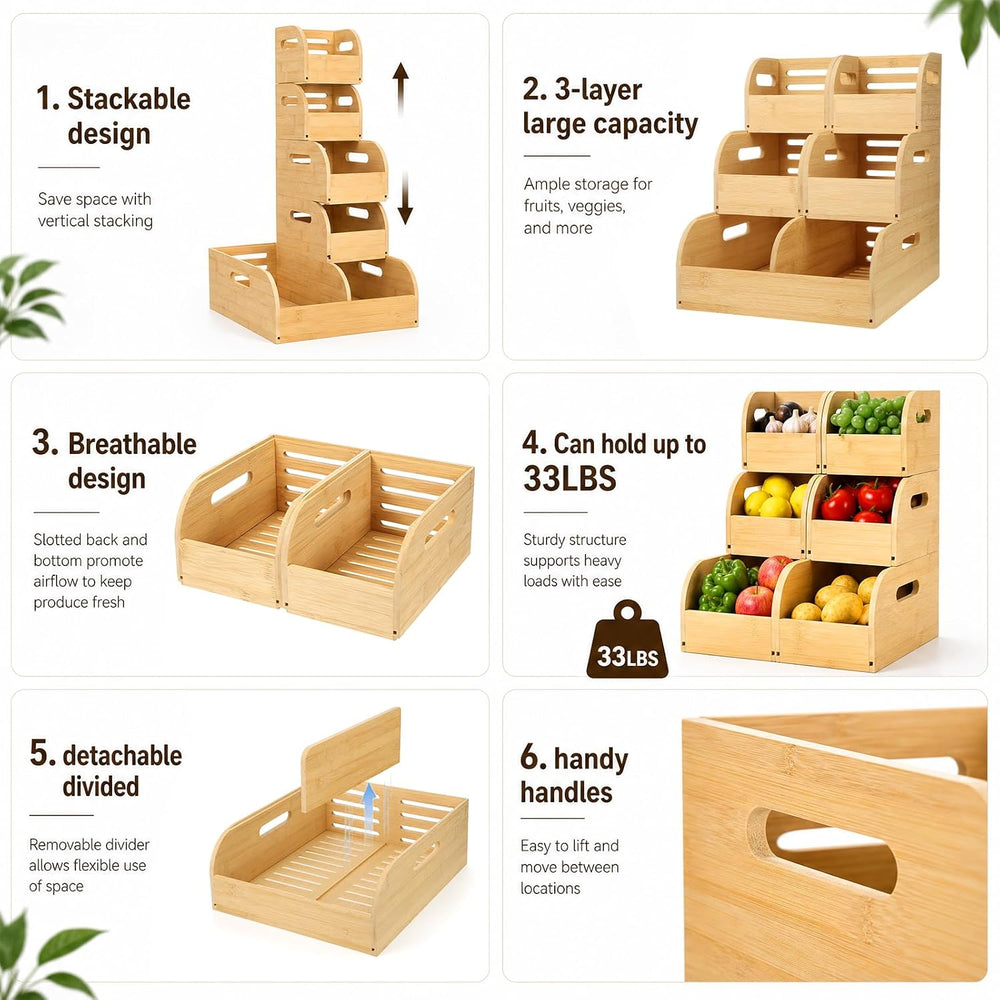 GLEAVI Bamboo Potato and Onion Storage Bin, 3 Tier Slide-Out Vegetable Basket...