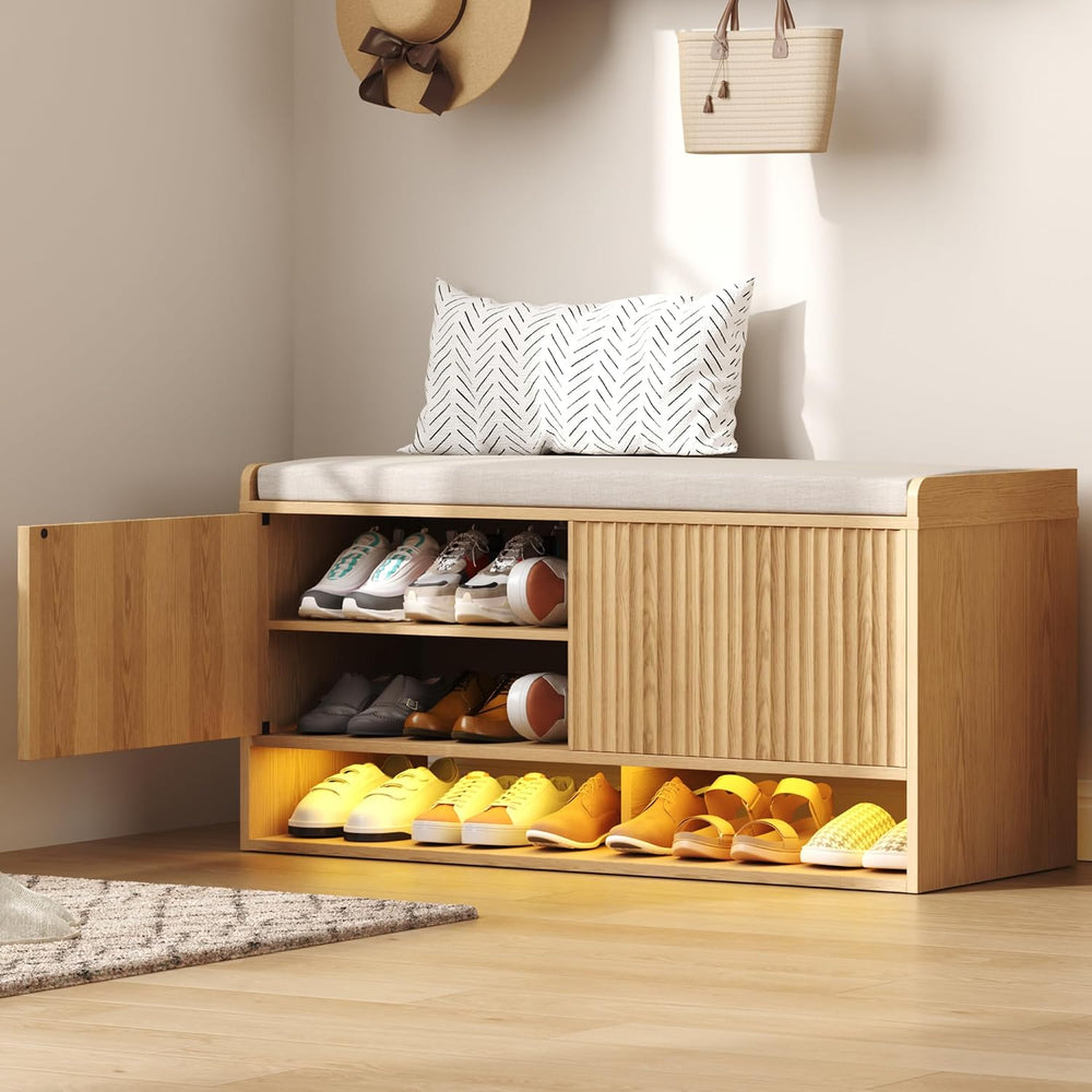 HOMEFORT 39.4" Fluted Shoe Storage Bench, Entryway Bench with Linen Seat...