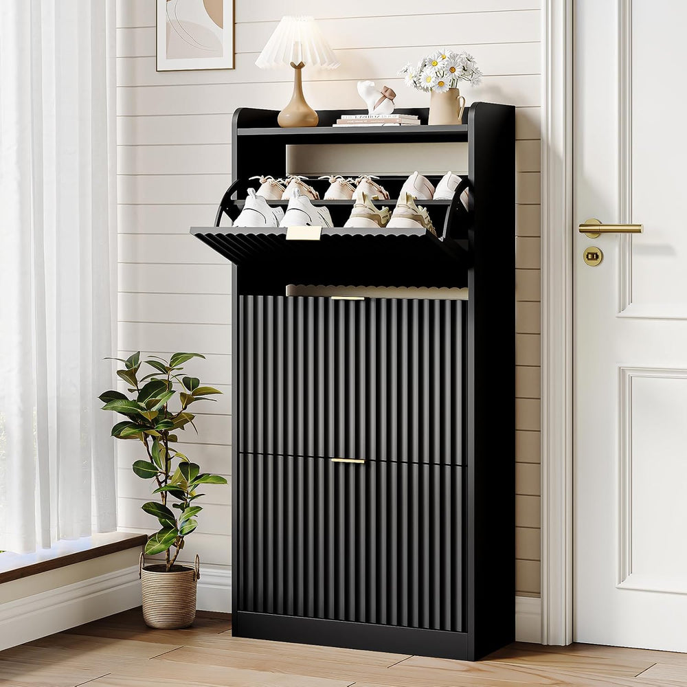 Black Fluted Slim Shoe Cabinet Storage with 3 Flip Drawers for Entryway