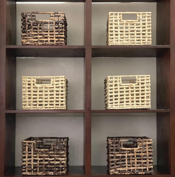 Handwoven Buri & Wicker Storage Baskets Set of 3 Open Weave, 12 x 10 x 8 In