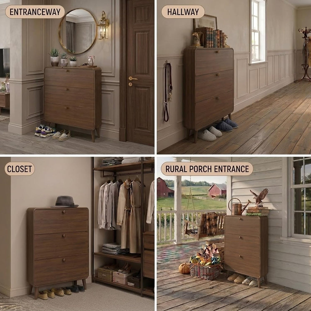 7" Slim Shoe Cabinet 3 Flip Drawers Wooden Shoe Storage Organizer