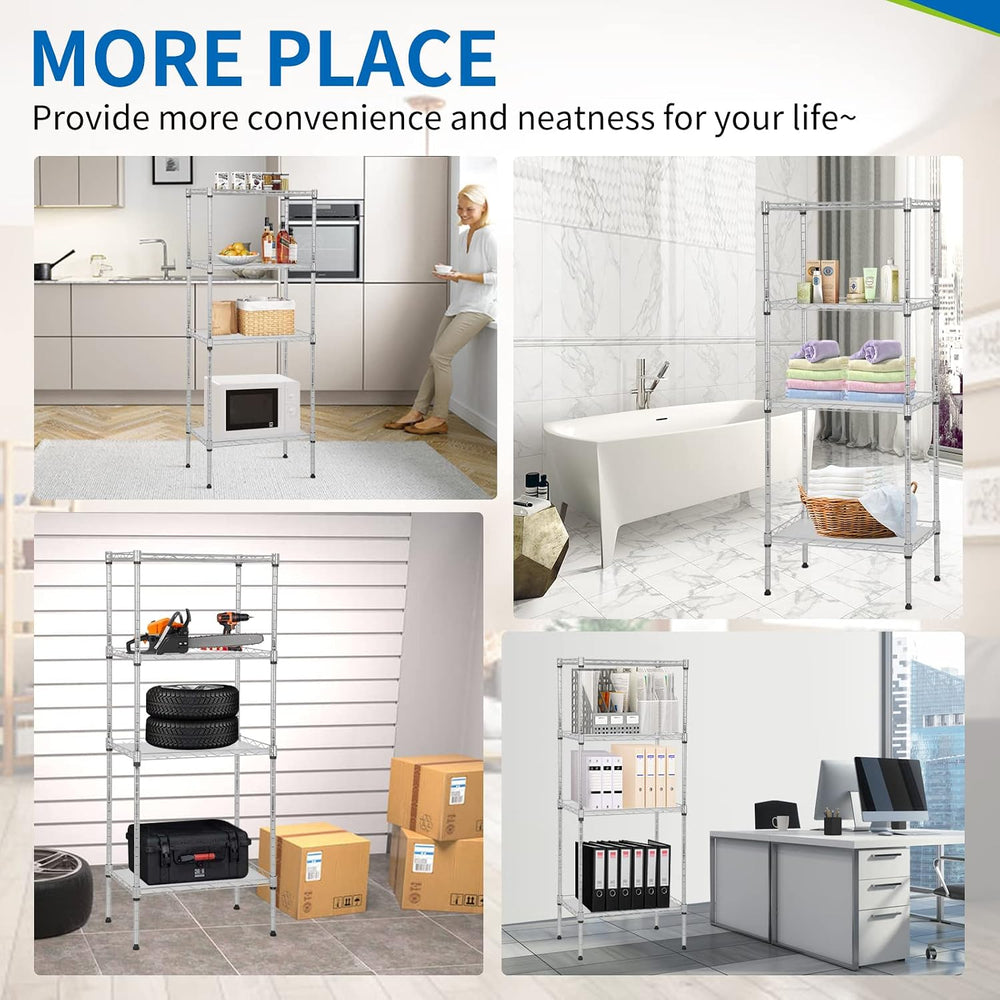 4-Tier Wire Shelving Unit, 600 lb, 18 x 12 x 44 in, Chrome