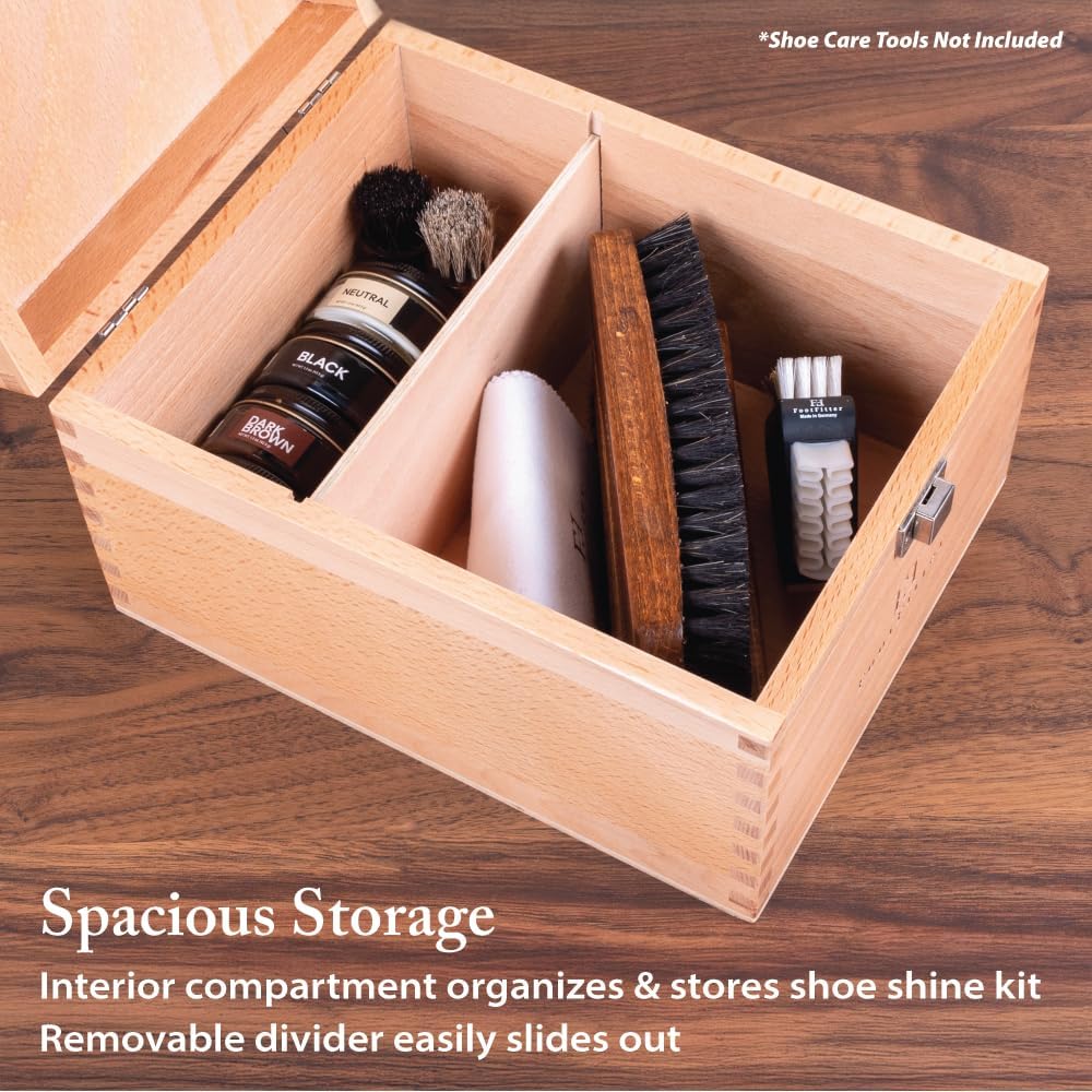 FootFitter Beech Wood Valet Box, Premium Shoe Shine Storage Organizer