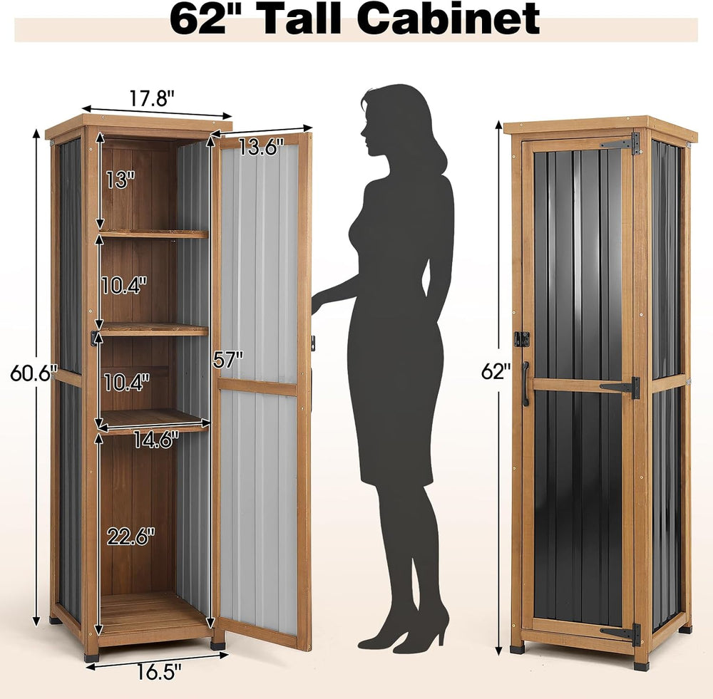 62" H Tall Narrow Outdoor Storage Cabinet with Metal Top, Outdoor Shed S...