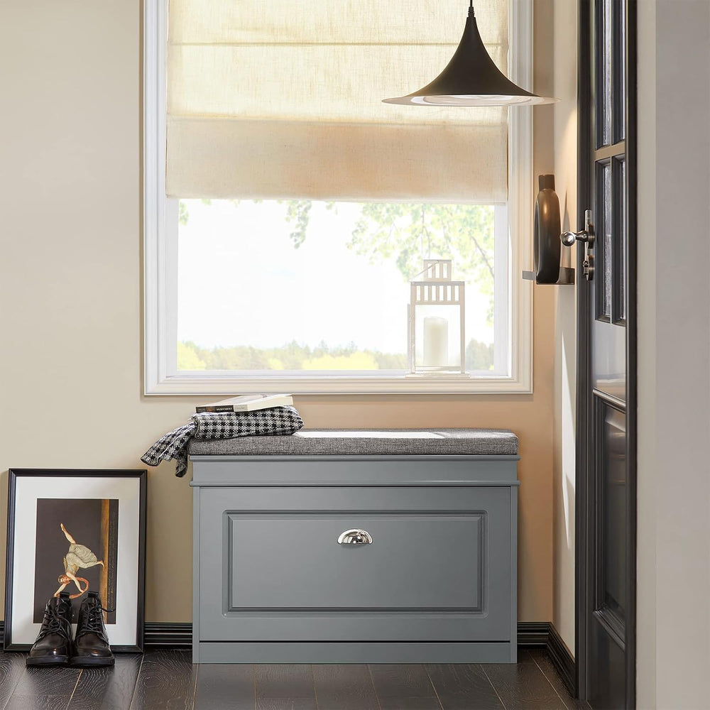 Haotian Shoe Storage Bench with Cushion, Grey Narrow Shoe Rack for Entryway, ...