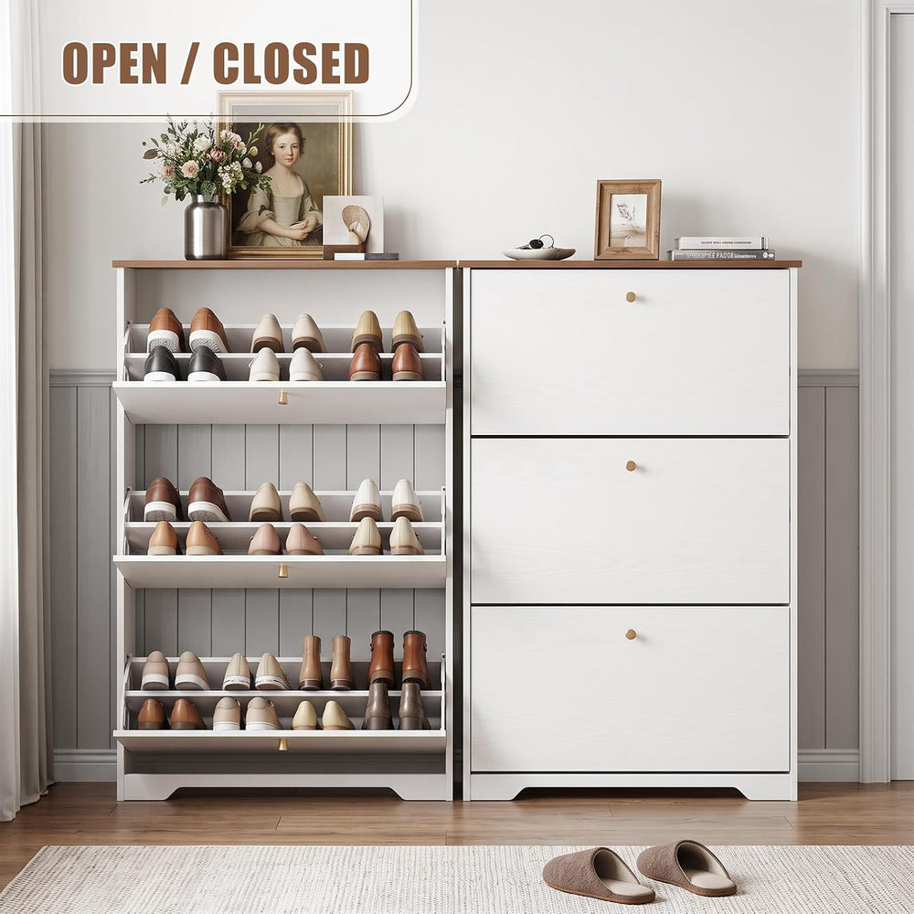 Nicetree Shoe Cabinet, 3 Flip Drawers Slim White Walnut Top Entry Storage