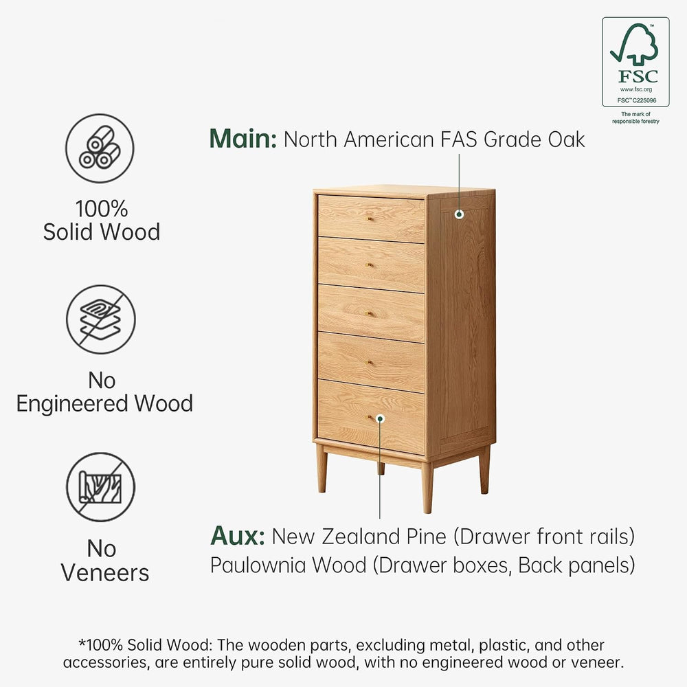Solid Oak Wood Dresser, 5 Drawer Dresser for Bedroom, Solid Wood Nightstand w...
