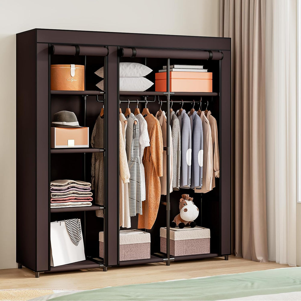 SORCEDAS Portable Closet Wardrobe with Hanging Rods Shelves Clothes Storage