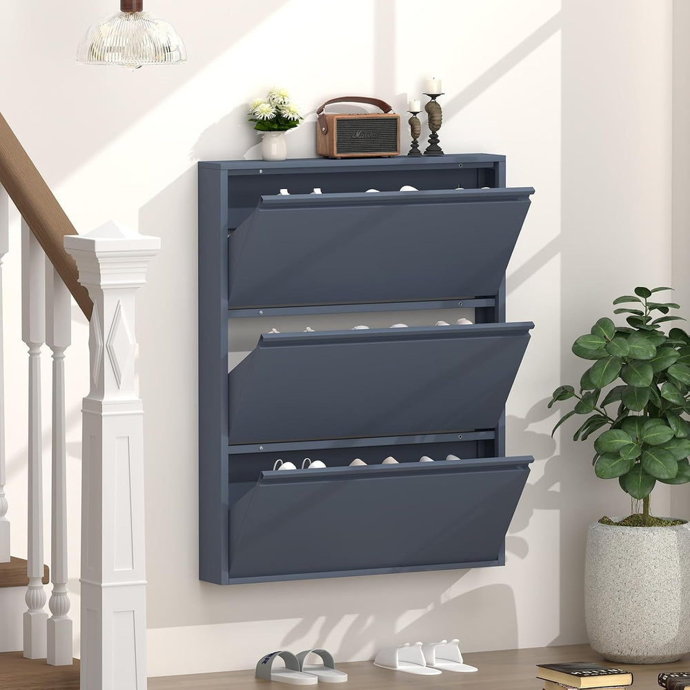 GREATMEET Slim Wall Mounted Metal Storage Cabinet with 3 Flip Drawers