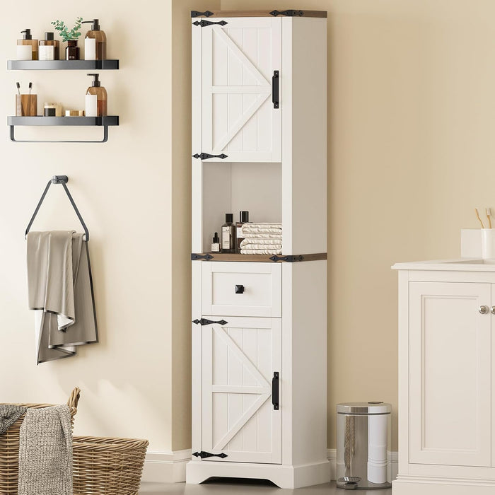 66" Tall Farmhouse Bathroom Storage Cabinet with Barn Doors,Unique White