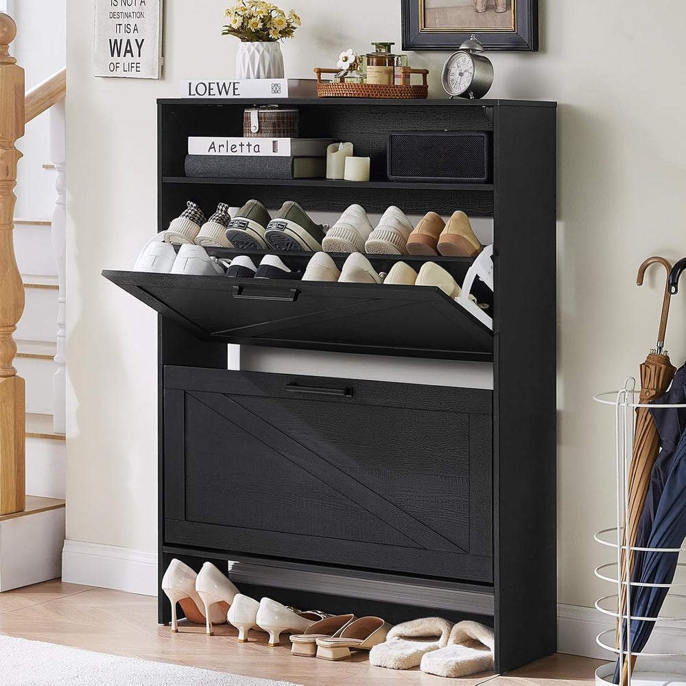 RWYHG Shoe Cabinet with 2 Flip Drawers, Narrow Entryway Organizer,Black