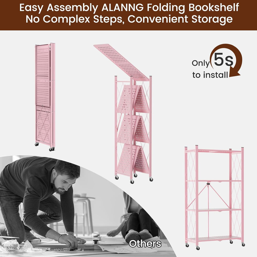 ALANNG 4 Tier Folding Storage Shelf on Wheels,Heavy Duty Metal Rolling Cart