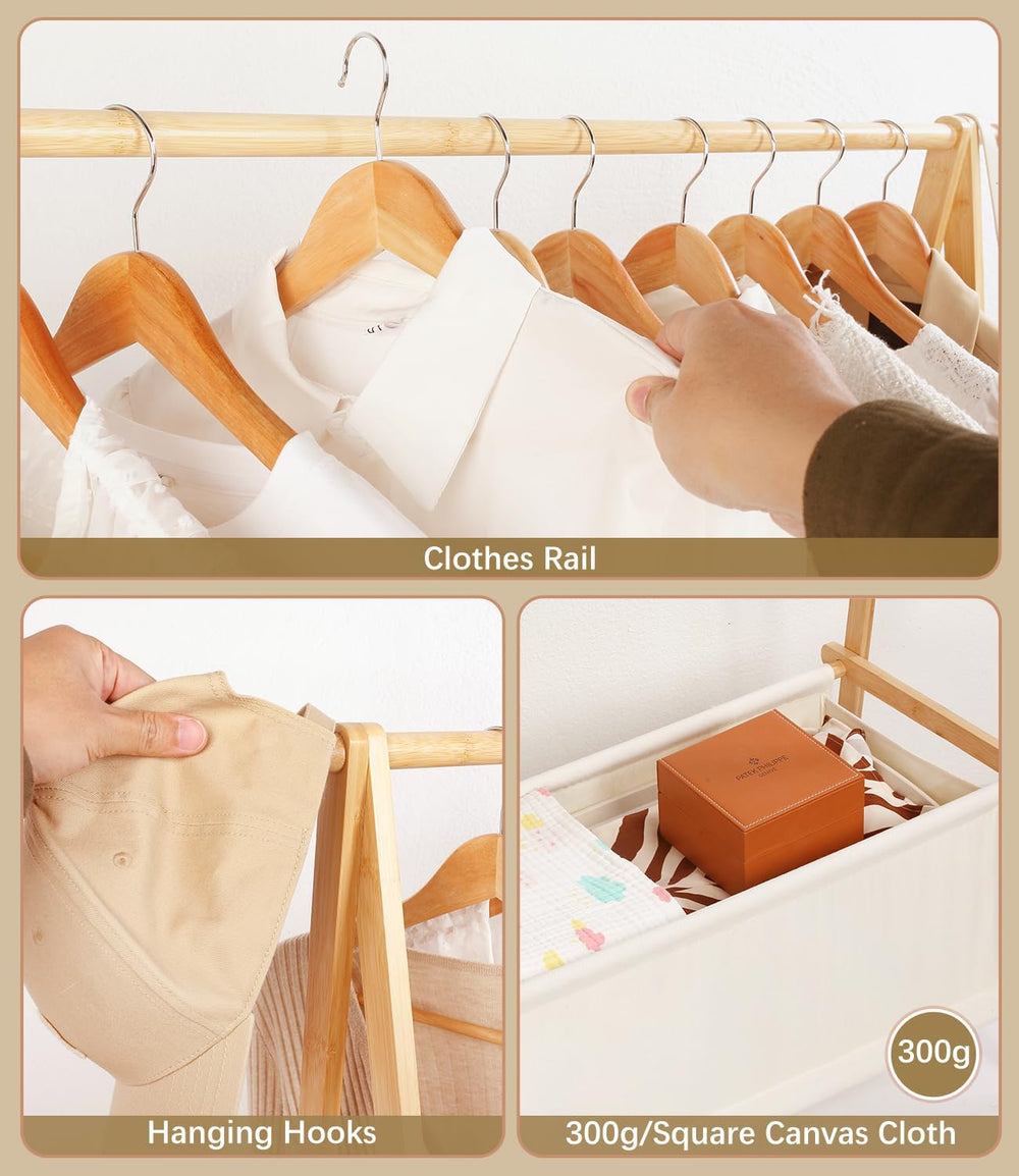 Bamboo Clothes Rack with Storage Box, Portable Extra Large Garment Rack Cloth...