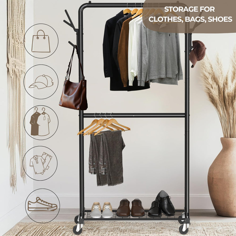 Simple Houseware Double Rod Clothes Rack with Wheels, Hooks & Shelf, Black