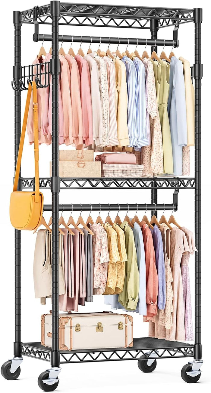 OLIXIS Rolling Clothes Rack, Heavy Duty Garment Rack, 23 IN, Metal Black