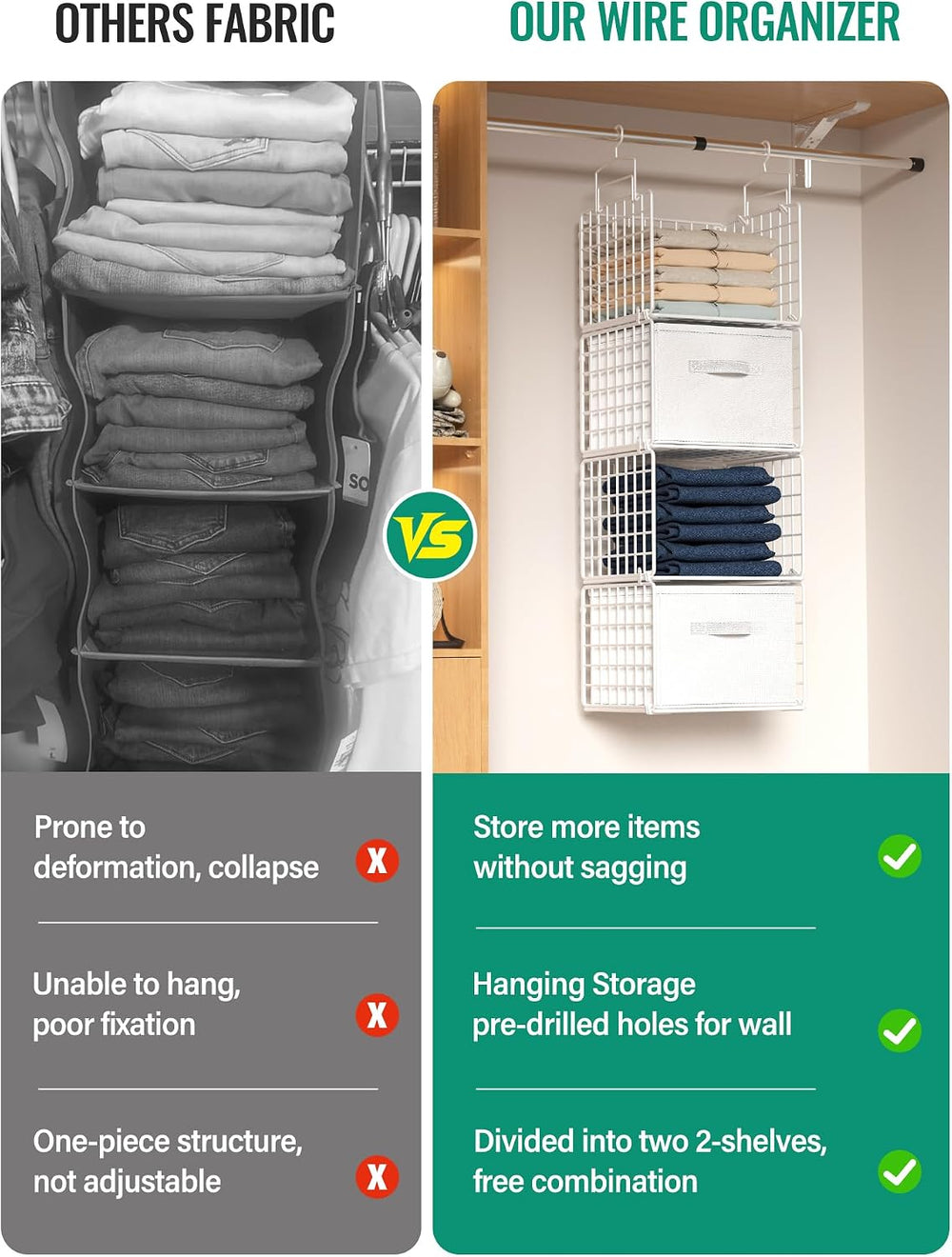 Hanging Closet Organizer with Drawers, 4 Tier Metal Closet Organizers and Sto...