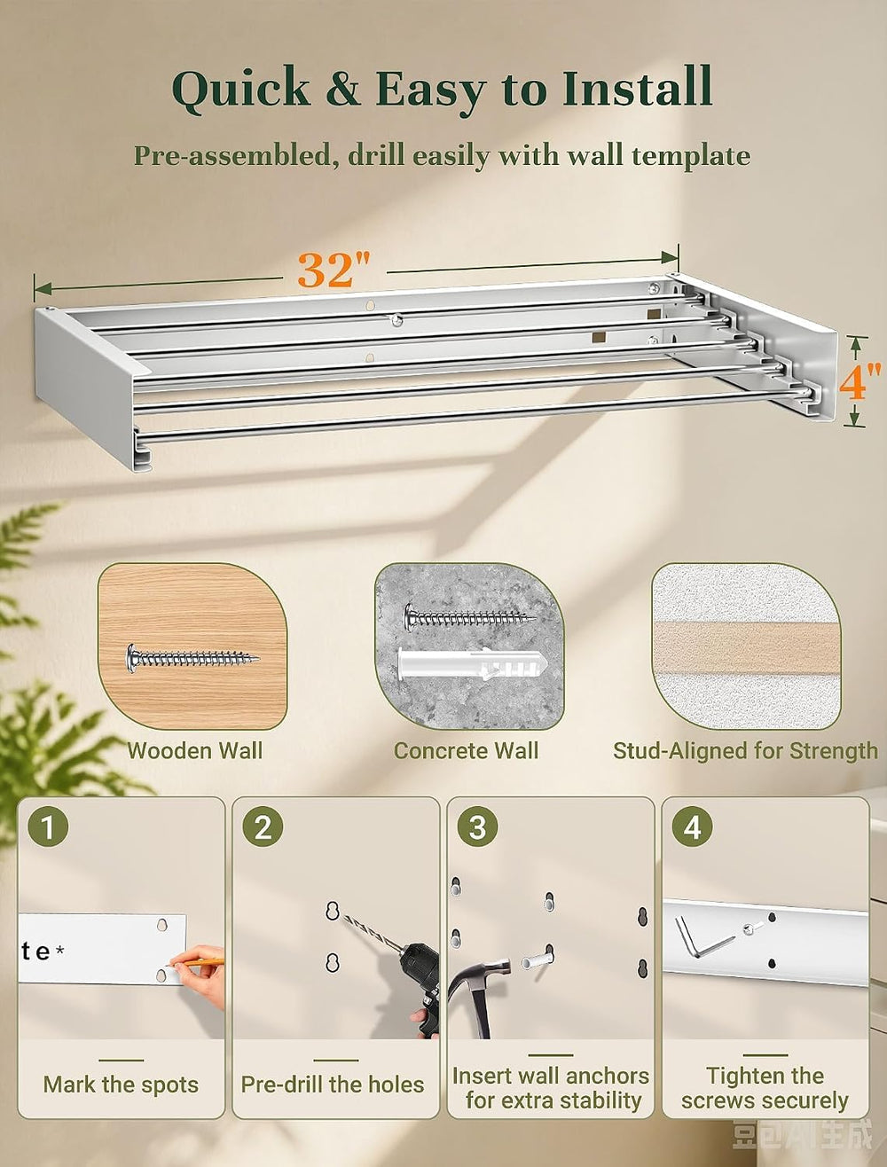 32'' Wall Mounted Clothes Drying Rack, Foldable & Collapsible Wal...