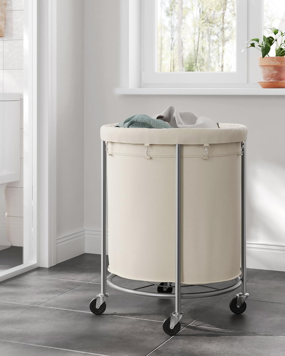 SONGMICS Laundry Basket with Wheels,190L, Steel Frame, Removable Bag
