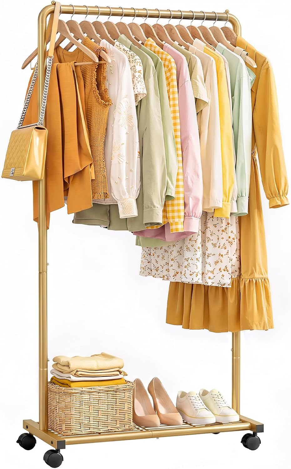 Sakugi Clothes Rack - Clothing Rack with Storage Mesh Shelf & Casters, He...